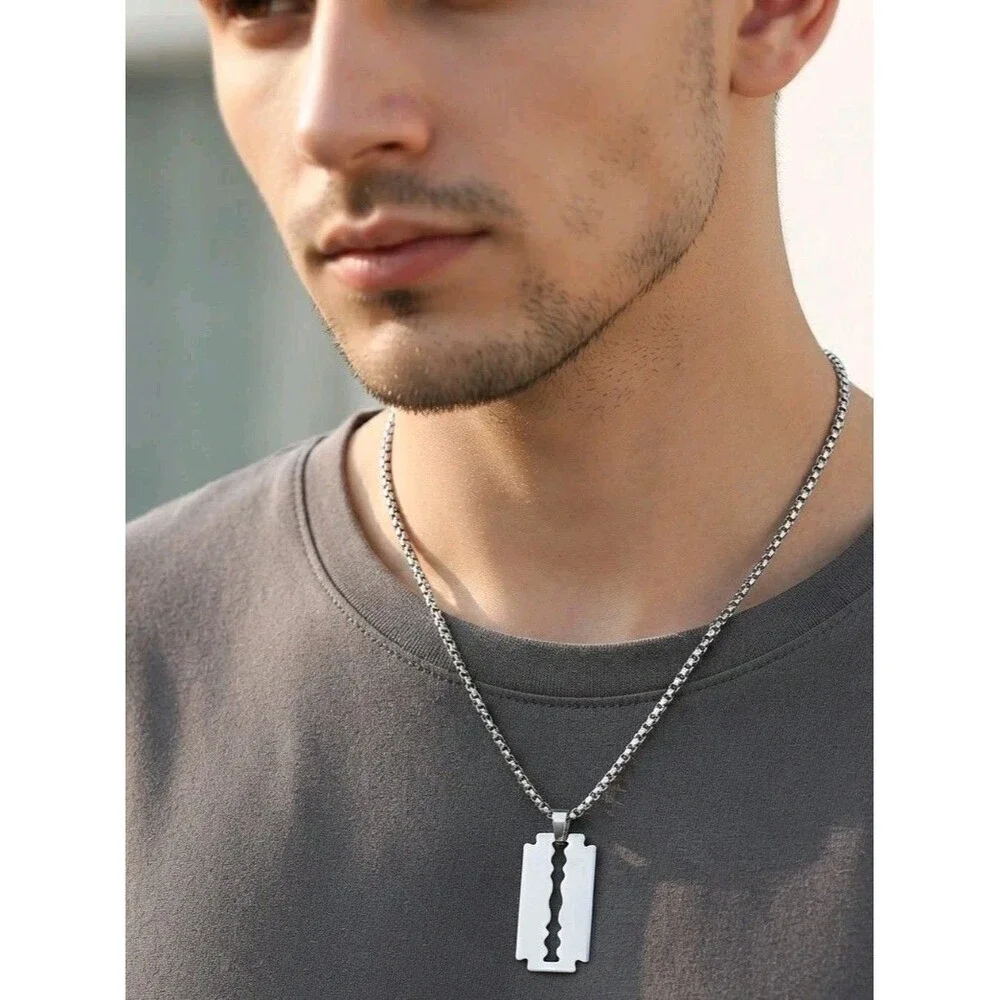 Stainless Steel Razor Blade Pendant Necklace Mens Hip Hop Punk Chain Silver Tone